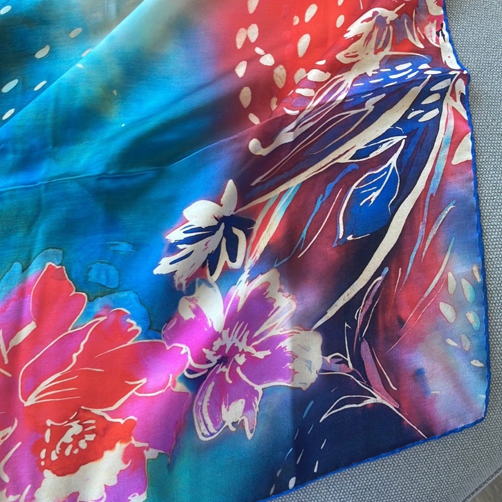 Tanner Y2K Italy Silk Floral Scarf, Watercolor floral tie dye long rectangle